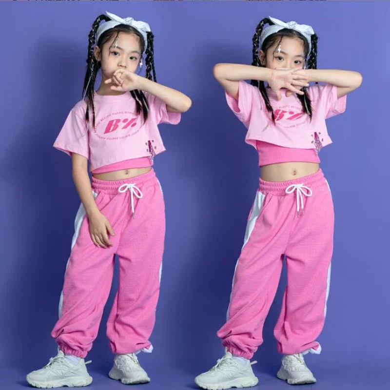 Pink Baggy Jogger Pants Girls Carnival Jazz Dance Costume Clothes Set Kids Hip Hop Clothing Crop Top Tank T Shirt Streetwear