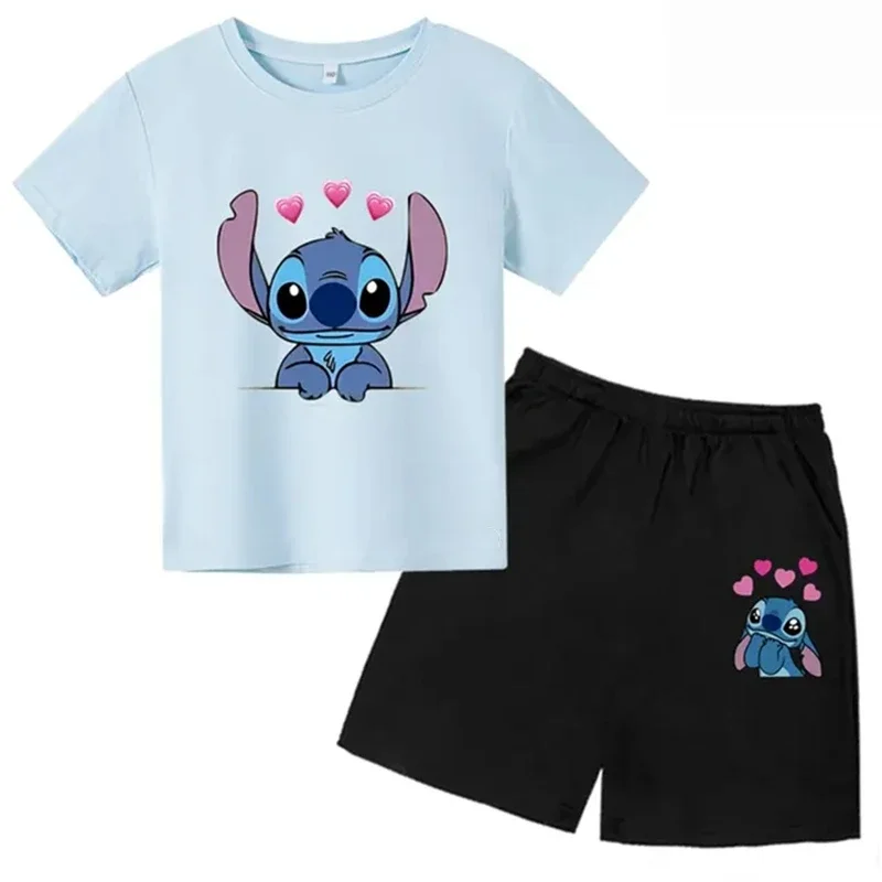 Stitch Children Clothes Round Neck T-shirts+ Shorts Sets Suitability 2-12 Years Boys Girl Casual Summer Short Sleeve Anime Print