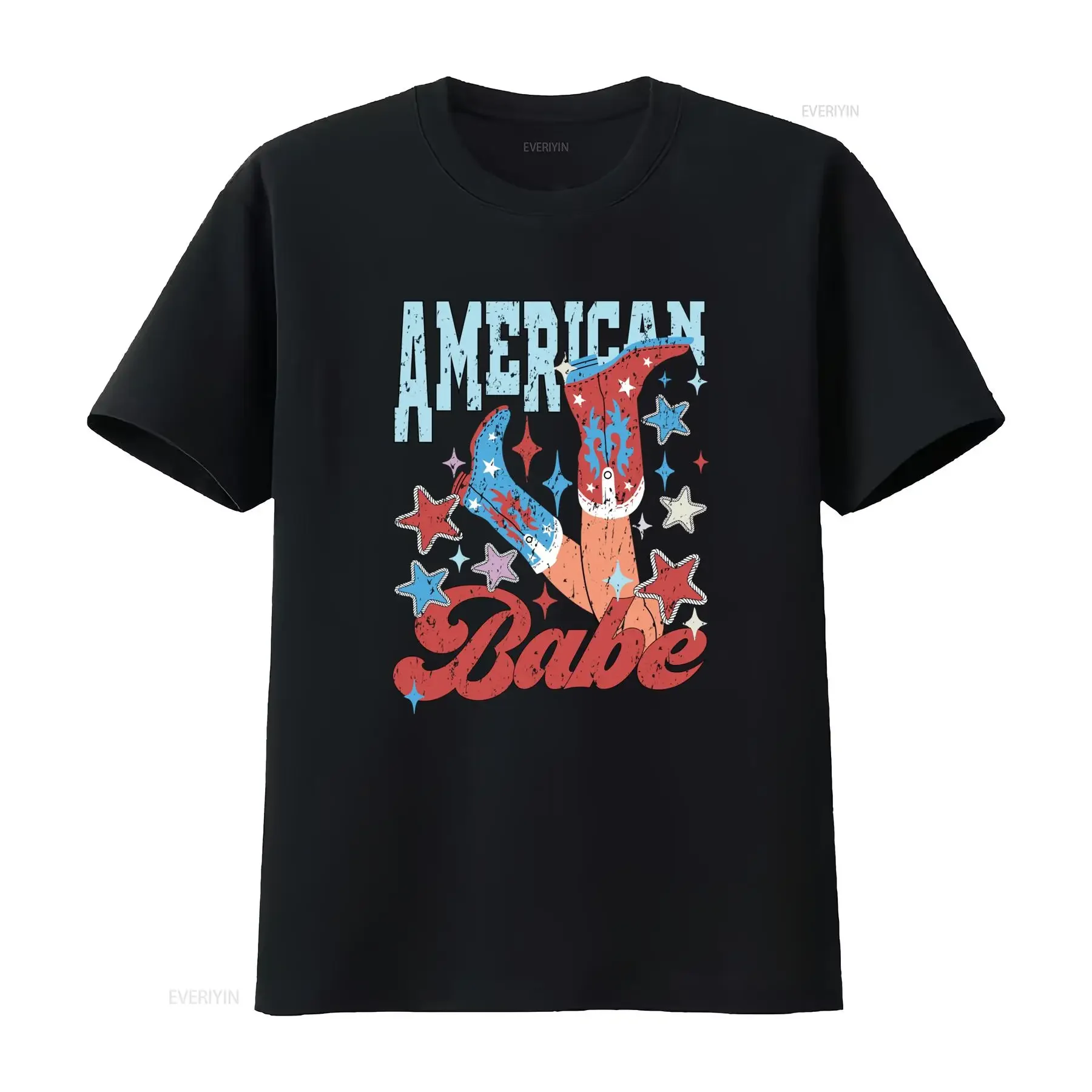 Retro American Babe Cowboy Boots Stars Patriotic Print Casual T Shirt vintage Washed Versatile graphic Breathable Comfortable