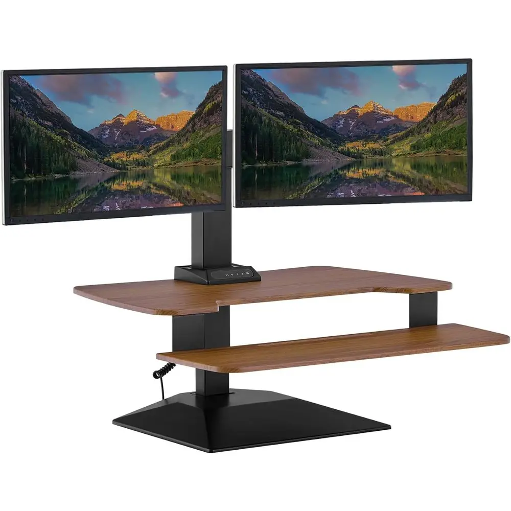 All-in-One Electric Height Adjustable Desk Converter with USB Ports - Ideal for Home or Office - Dual Monitor Stand (Walnut)