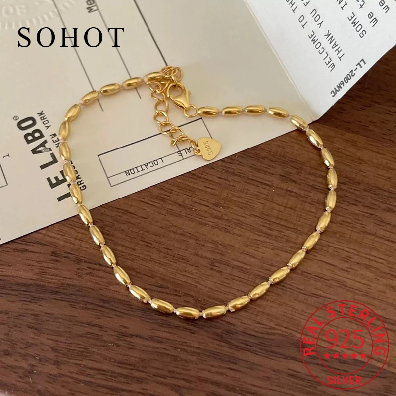 Real 925 Sterling Silver 18k Gold Rice Beads Chain Charm Bracelet for Women Minimalist Ajustable Fine Jewelry Trendy Accessories