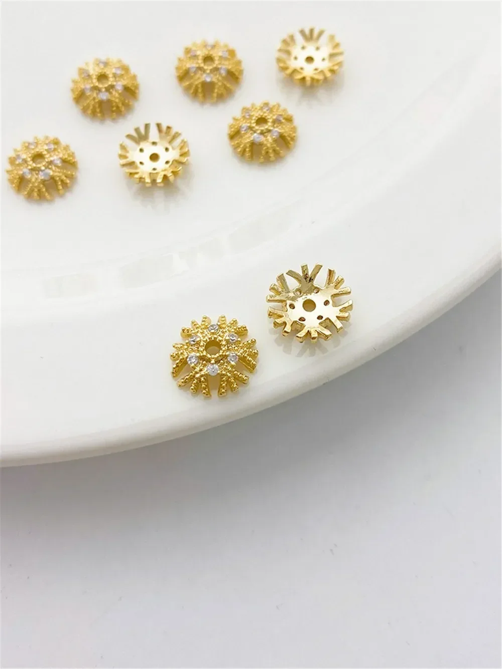 14K Gold and Silver Inlaid with Zircon Christmas Snowflake Tray Spacer Handcrafted DIY Bracelet Necklace Accessory Materials