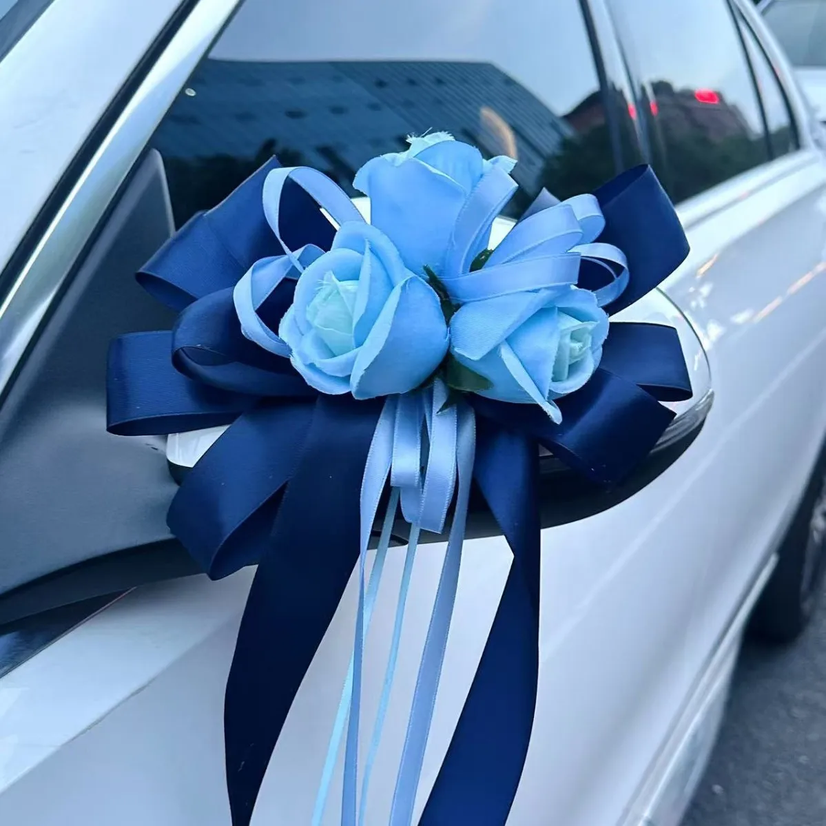 Yannew 4pcs Wedding Car Rearview Mirror Flowers with Ribbon Bow Tie Just Married Auto Door Handle Decoration Aisle Rose Flower