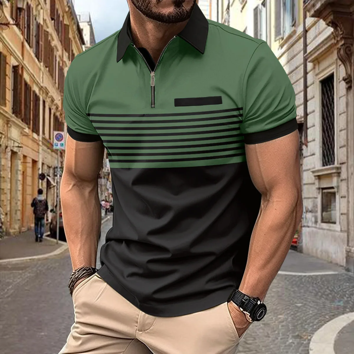 New men\'s summer striped T-shirt color blocking 3D digital printed zippered polo shirt business casual lapel short sleeved polo