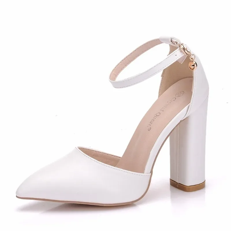 Crystal Queen Women 7.5CM Thick High Heels Sexy Pumps White Wedding Bride Shoes Pointed Toe Buckle Strap Sandals