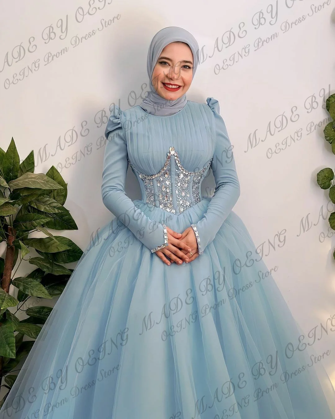 OEING Simple Sky Blue Muslim Arabic Women Evening Dresses Wedding Party High Neck Long Sleeves silk Prom Gowns Formal Occasion