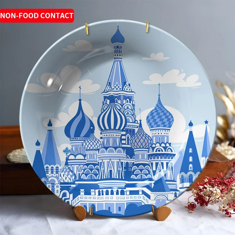 1pc Russian Architecture Inspired Ceramic Decorative Plate - Blue Dome Buildings, Non-Food Contact Safe Hanging Wall Art for