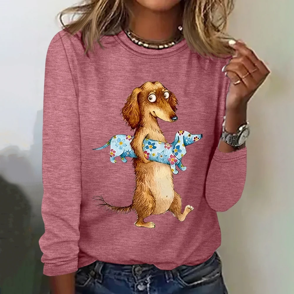 Funny Dachshunds Pattern Print Long Sleeves T shirts Fall Cotton Crewneck Women\'s T-shirts Fashion Women Clothing Pullover