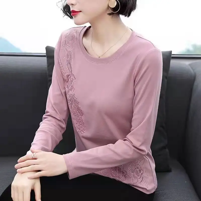 Office Lady Women\'s Clothing Spring Autumn Solid Color Pullover Flower Rhinestone Lantern Long Sleeve T-shirt Casual Tops