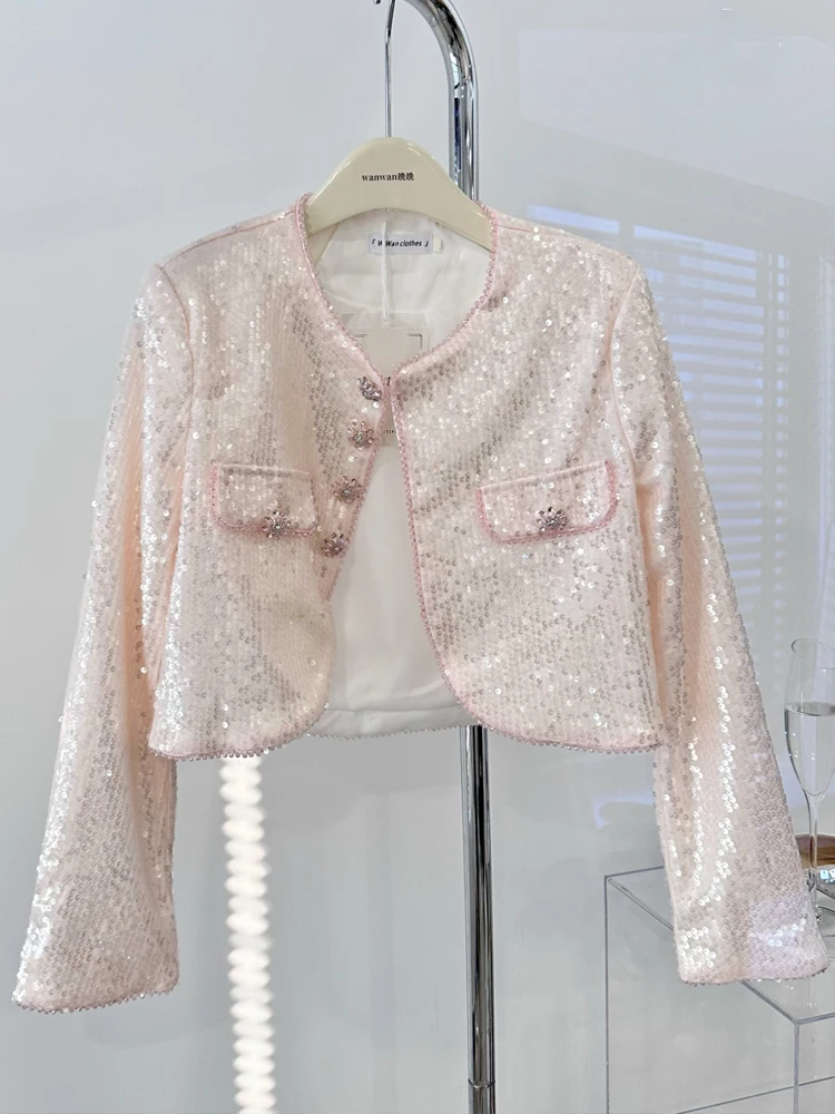 Stylish Sweet Women Sequined jacket Spring autumn Long sleeve Rhinestone buttons crop blazer coat White Pink Korean INKEO 3O267