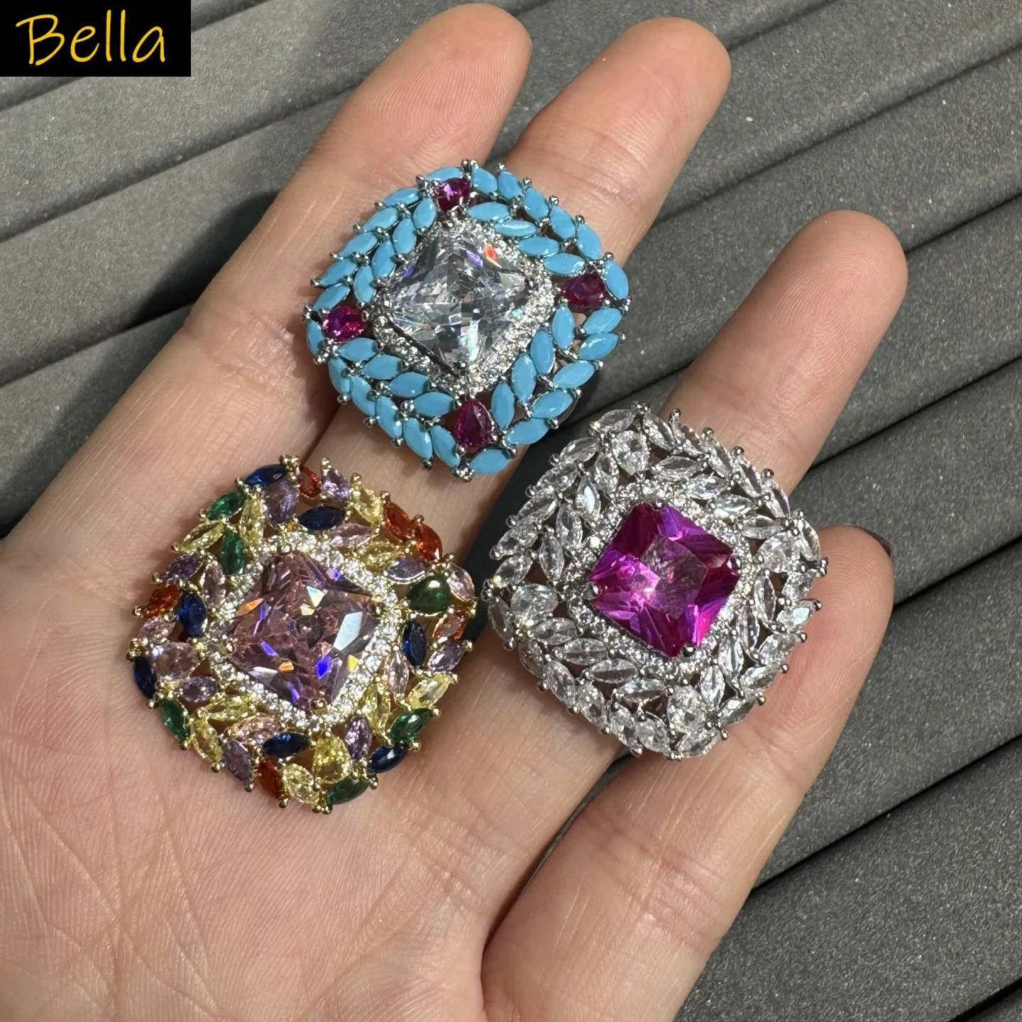 fashion cubic zirconia ring for women jewelry gala event party blue fushia multicolor square opened ring female gift shiny