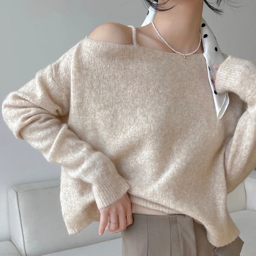 

Elastic mohair women's sweater long sleeved off shoulder short sweater Western style autumn suspender shoulder strap sexy knit