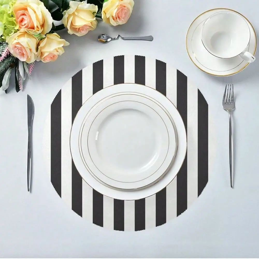 

Black And White Stripes Round Placemats Set Of 4,NonSlip Heat Resistant Washable Table Mats For Kitchen Dining Table Decoration