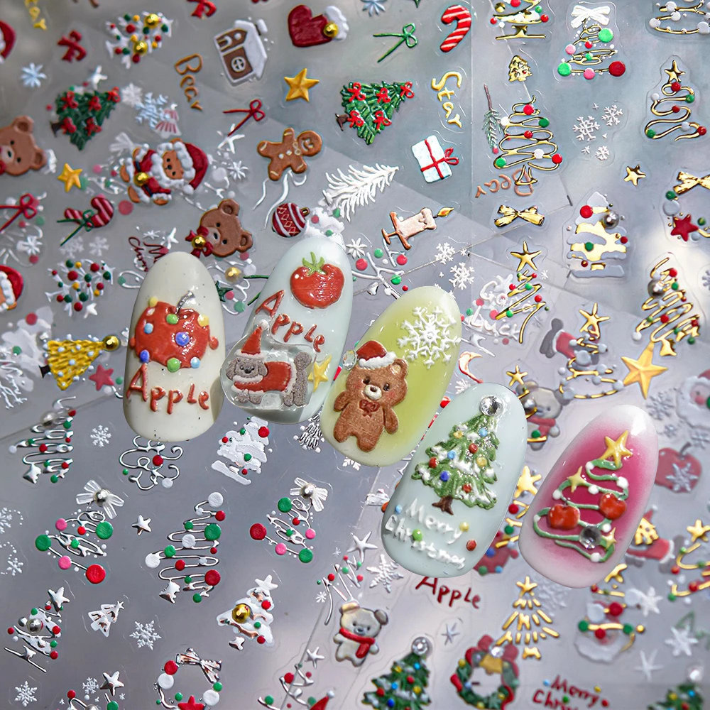 Pegatinas navideñas con diamantes para decoración de uñas, manzanas de nieve, osos, árbol, pegatinas para manicura, decoraciones para el hogar DIY, deslizador 5D Super Y2K