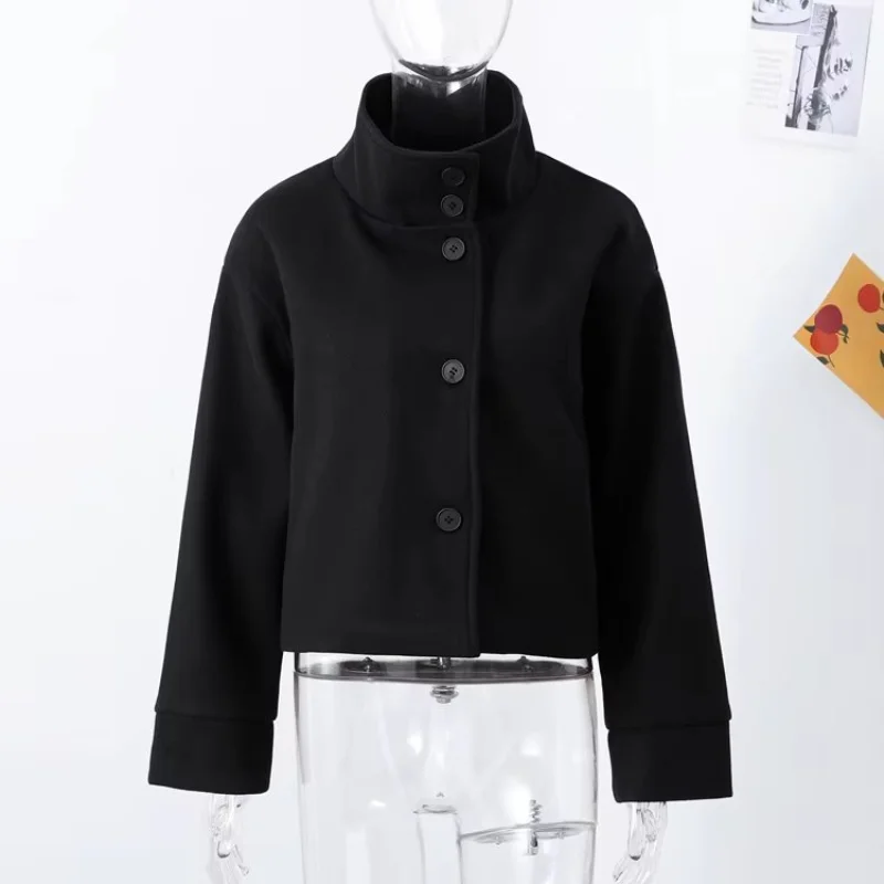 Dunkelblaue Wolljacke für Damen, 2025, Frühling, einreihig, Stehkragen, lockerer weiblicher Mantel, Bürodame, Straße, kurze Oberbekleidung, Tops – Detail 2