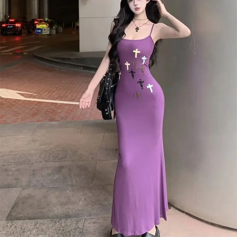 women Summer Long Dress purple suspender dress for women summer hot girl slim long skirt showing figure skinny maxi vestidos