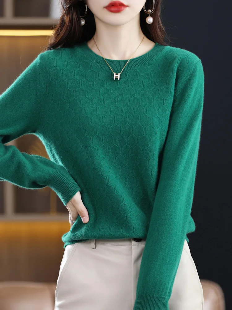 Spring Autumn 100% Pure Wool Sweater For Women O-neck Long Sleeved Cellular Hollow Out Solid Color Pullover Soft Basic Clothing