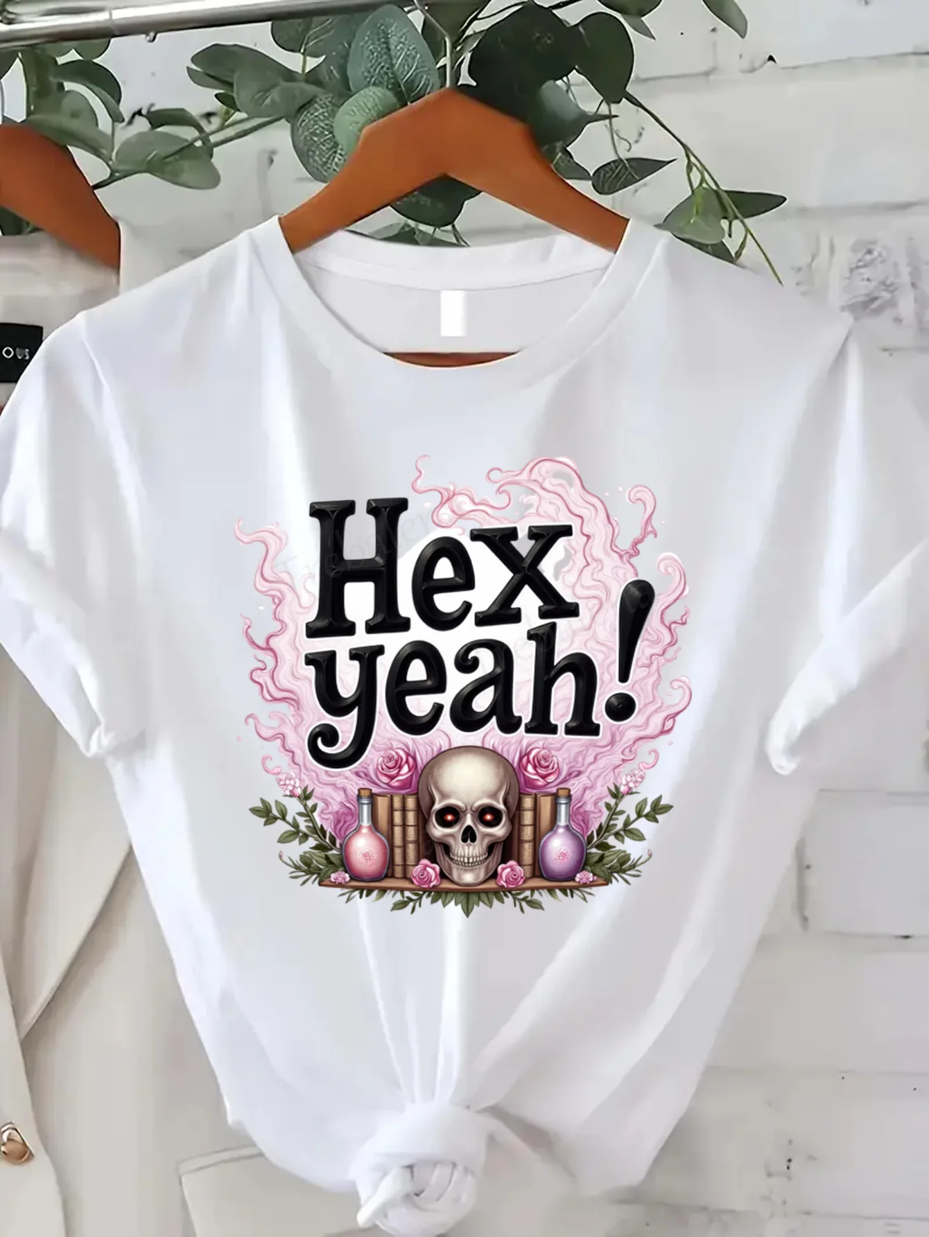 

Футболка с круглым вырезом Hex Yeah! Женская футболка с черепом ведьмы, большие размеры, готический топ на Хэллоуин, футболка с короткими рукавами, модный повседневный топ