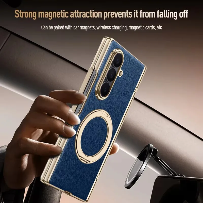 Luksusowe skórzane etui do Samsung Galaxy Z Fold8 Ultra 8 7 360 ° Obrotowy uchwyt, magnetyczna folia ochronna z hartowanego szkła, bezprzewodowe ładowanie — zdjęcie produktu 5