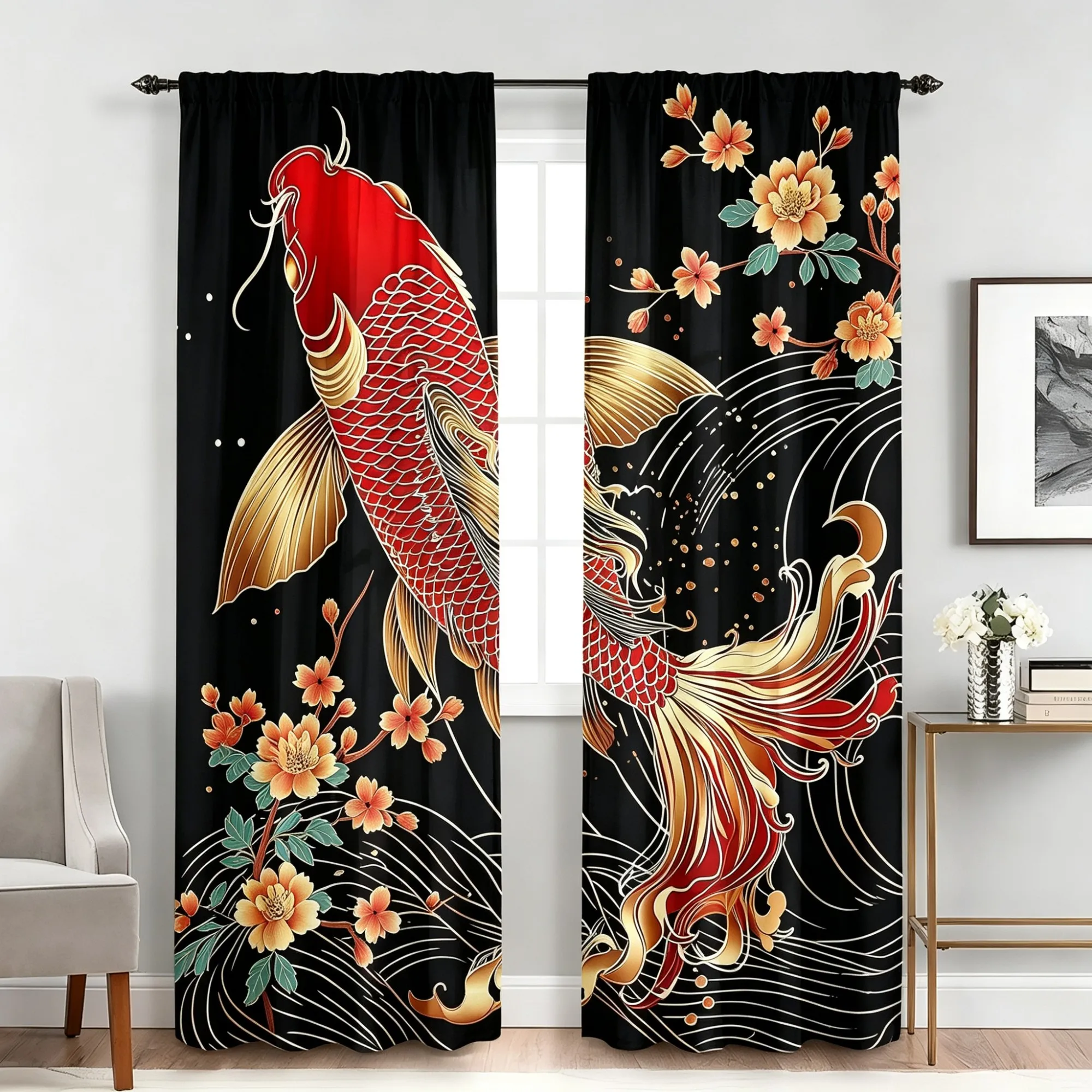 2PCS Red Gold Koi Fish Print Curtains, Japanese Cherry Blossom Black Background Window Drapes for Bedroom Living Room Decor