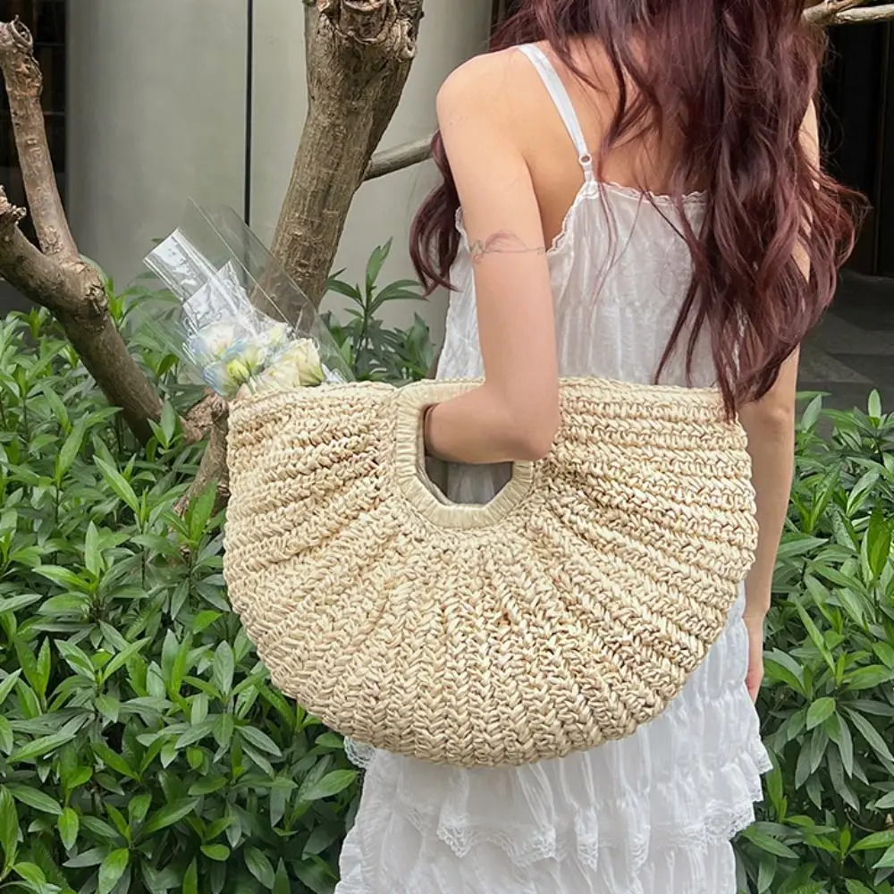 Повседневная соломенная сумка большой емкости из лафита, сумка-тоут в форме полумесяца на запястье, морская сумка, модная летняя пляжная сумка для девочек