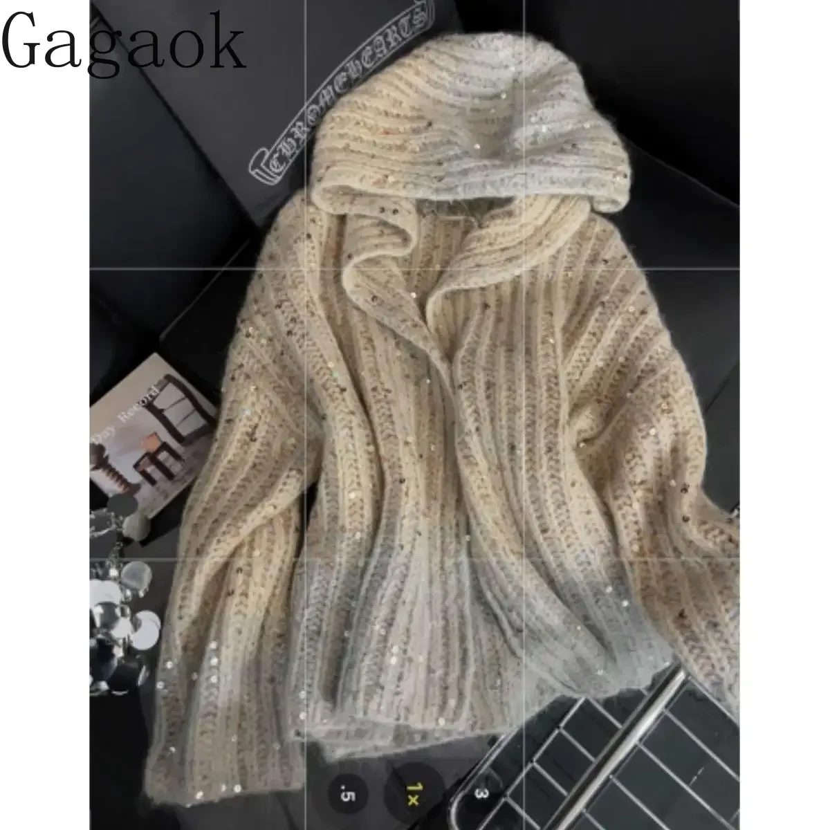 Gagaok Gradient Color Hooded Sweater French Chic Sequin Design Women Cardigans Autumn New Versatile Knitted Cardigan Coat