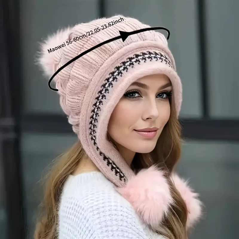 Cozy Knit Beanie with Ear Flaps - Thick, Warm & Adjustable Winter Hat for Women Cute Girls Fashionable Woolen Hat