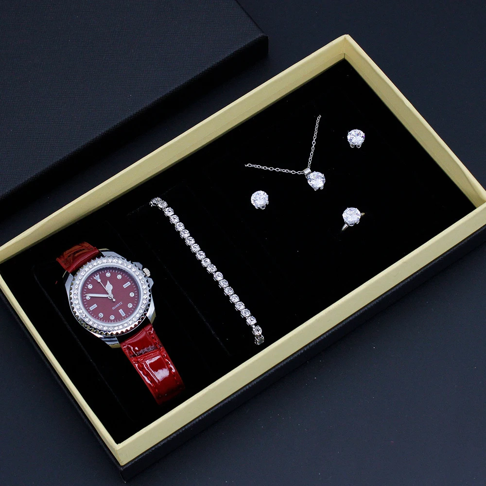 5Pcs Set Ladies Luxury Diamond Quartz Watch Fashion Simple Leather Women's Dress Clock Watch With Jewelry Accessory Set + Box