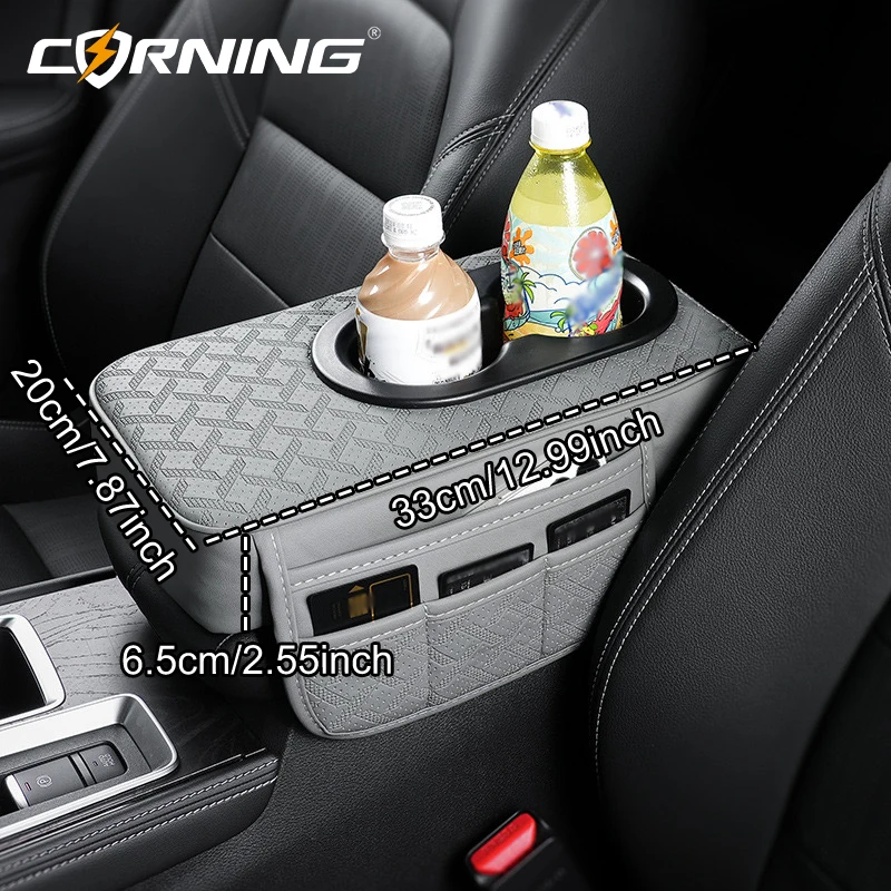 Car Armrest Cushion 6.5cm Thicken Height PU Leather Center Console Arm Rest Pad with Cup Holder Memory Cotton Elbow Support