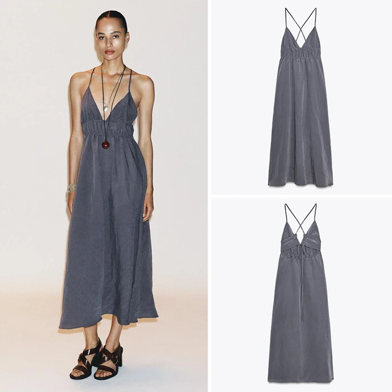 

Новое летнее поступление, женская длинная юбка миди с v-образным вырезом и струящимися бретелями в Корейском стиле с высокой талией без цвета све