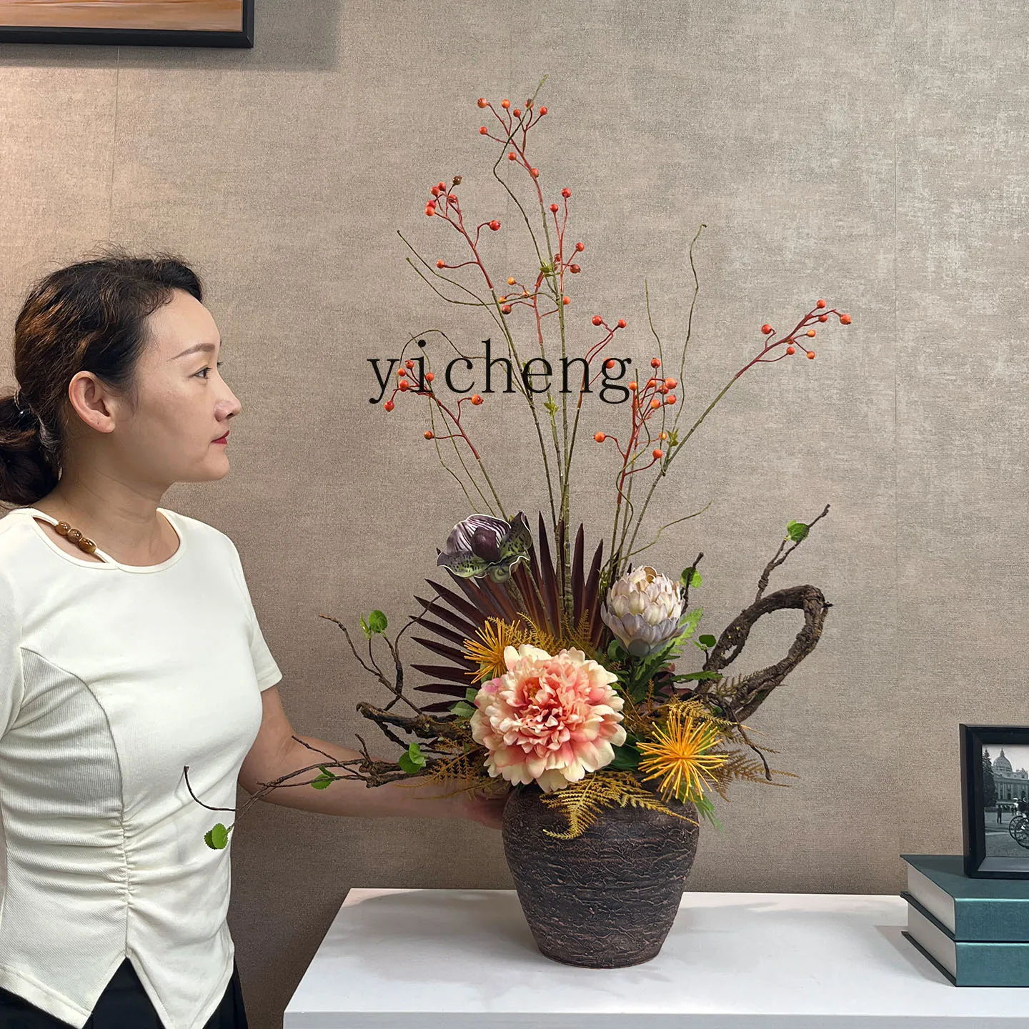 ZYA New Chinese Style Set Retro Lily Artificial Flower Front Desk Decoration High-end Hotel Floral Art