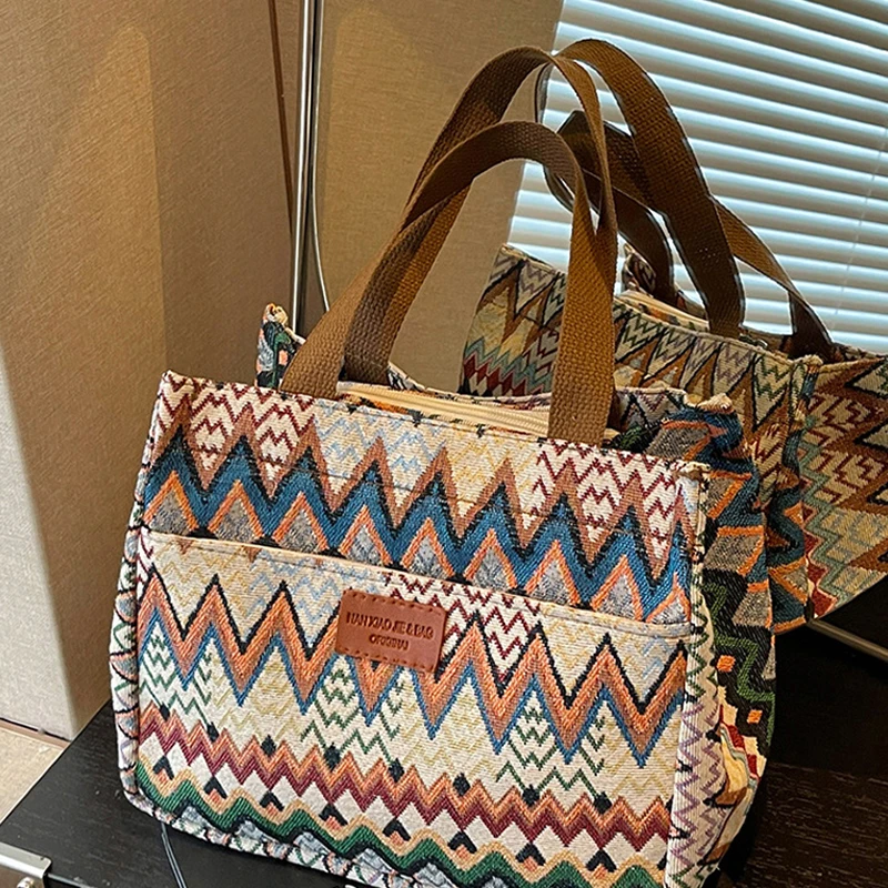 Bohemian Ethno-Stil Geometrischer Druck Canvas-Tragetasche, Bunte Zickzack-Muster Handtasche für Damen, Große Kapazität Pendler-Schultertasche – Detail 6