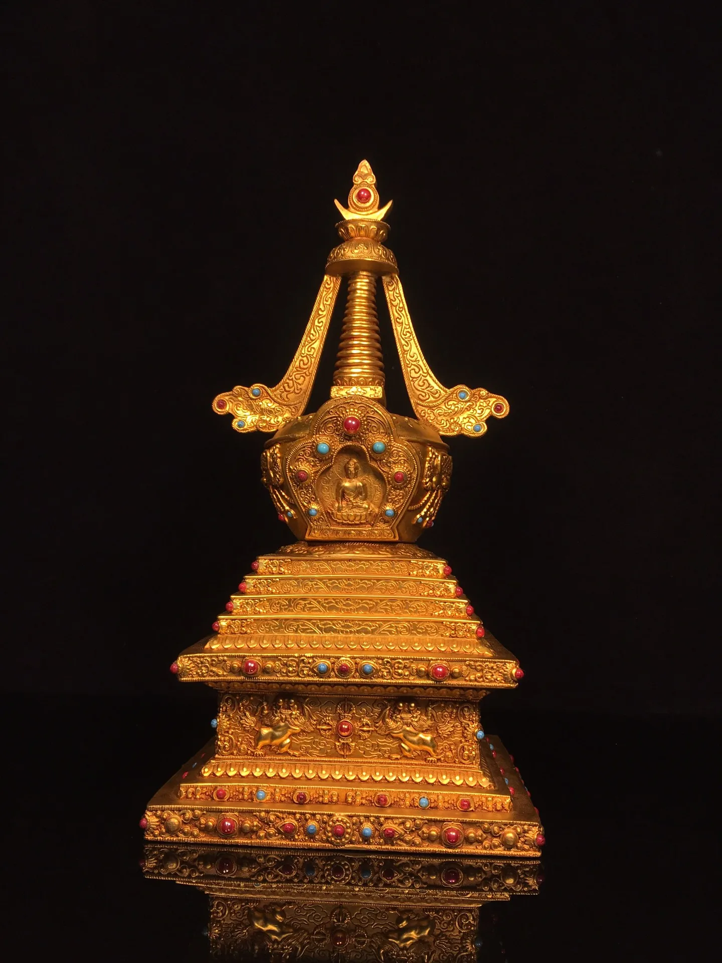 

13"Tibetan Temple Collection Old Bronze Gilded Mosaic Gem Shakyamuni Buddha Pagoda Stupa Worship Hall Town house Exorcism