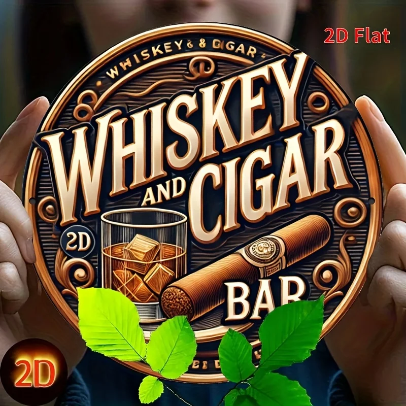 [2D Flat] Vintage Whiskey and Cigar Bar Metal Wall Art - 8x8 Inch Aluminum Sign with Ornate Bronze Finish, Perfect for Man Cave,