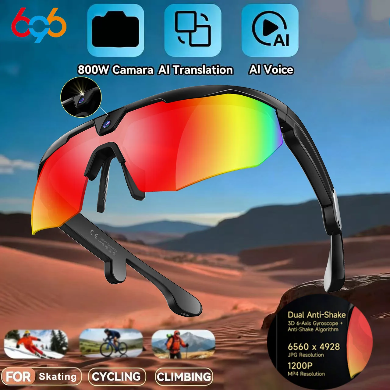 

Смарт-очки 2026 для езды на велосипеде и активного отдыха, мужские и женские, с камерой 800W для фото и видео, Bluetooth