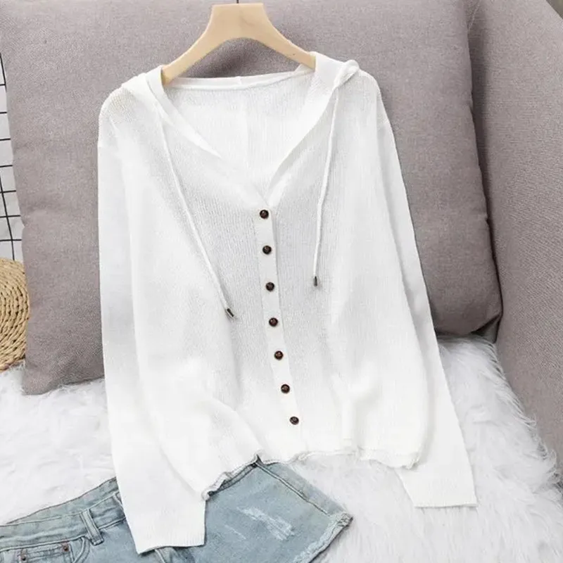 2024 New Summer Short Knitted Cardigan Coat Women\'s Hooded Top Ladies Solid Color Button Sun Protection Thin Outdoor Outwear