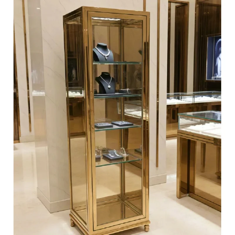 custom.Custom Gold LED Lit Metal Freestanding Multi-Layer Jewelry Display Tower with Durable Design Retail Stores