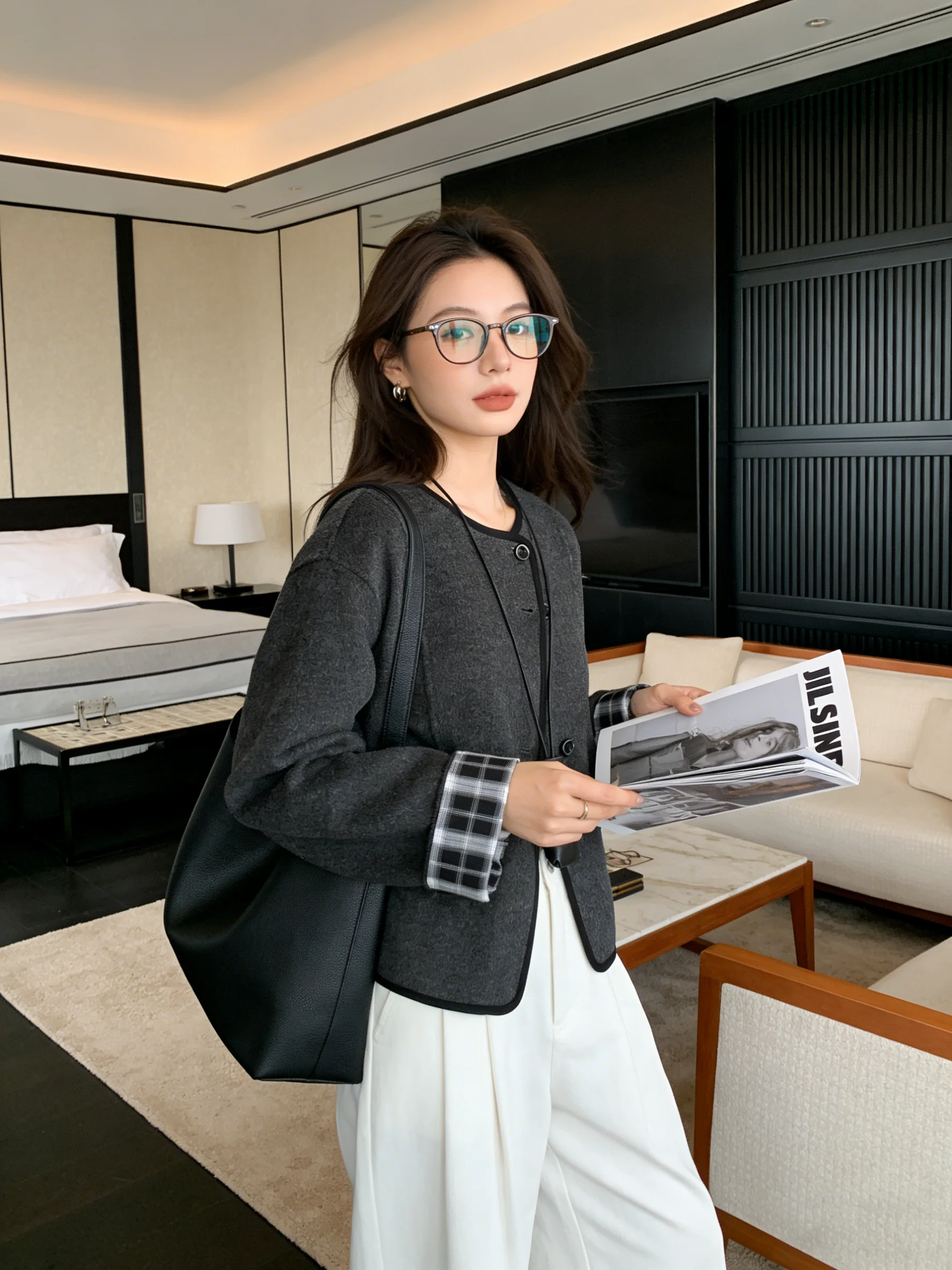 

Корейское двустороннее шерстяное короткое пальто в клетку с комбинированными вставками, повседневное, весеннее, модное, женская куртка прямого кроя с длинными рукавами