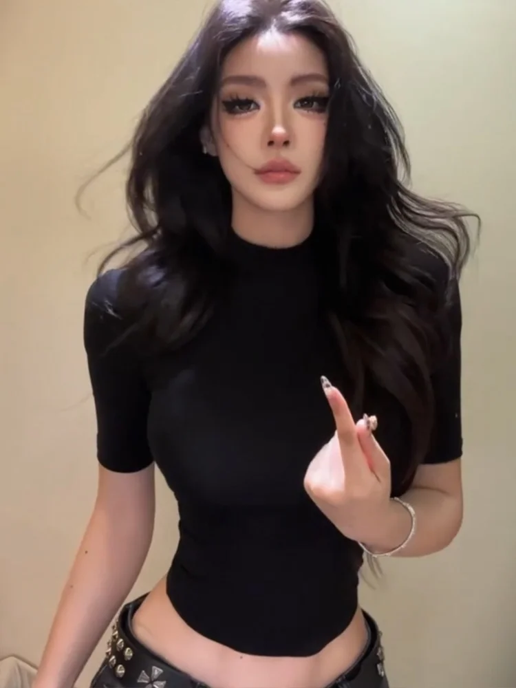 American Style Cool Spicy Tight Waist Short Top Women's Summer New Sexy Black Half High Collar Shoulder T-Shirt Casual Loose Fit