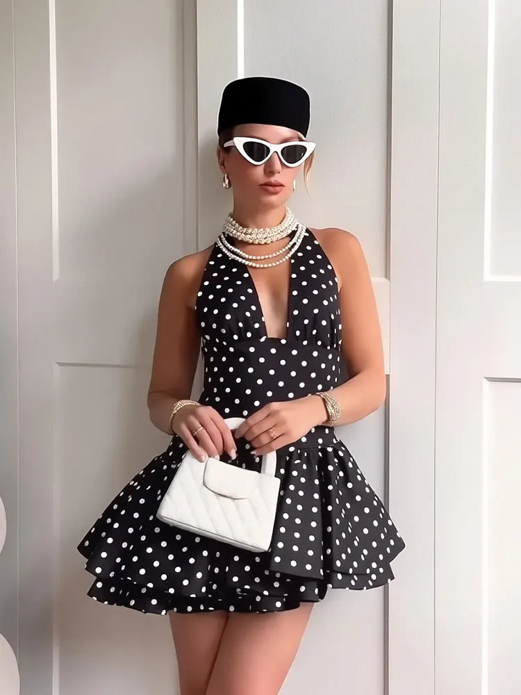 HH Feminino Vintage Assimétrico Polka Dot Mini Vestido Sem Mangas Pendurado Pescoço Decoração Em Camadas Backless Sexy Vestidos de Festa
