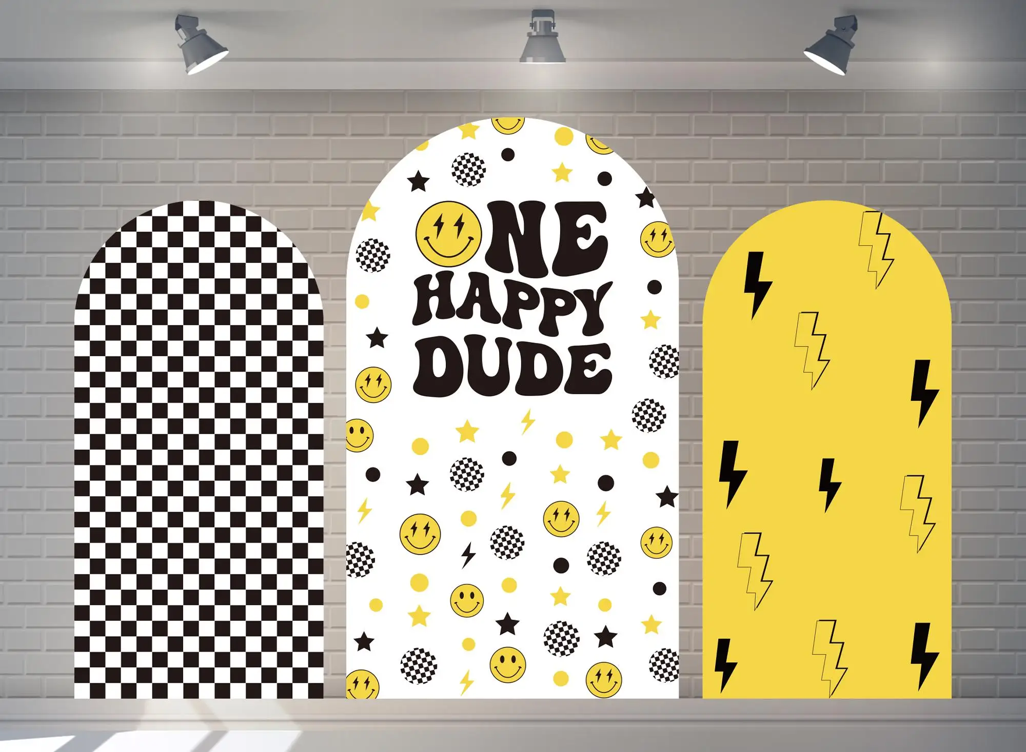 

A Happy Young Man Arched Backdrop Cloth Black Grid Yellow Lightning Pattern Children First Birthday Party Baby Shower Decoration