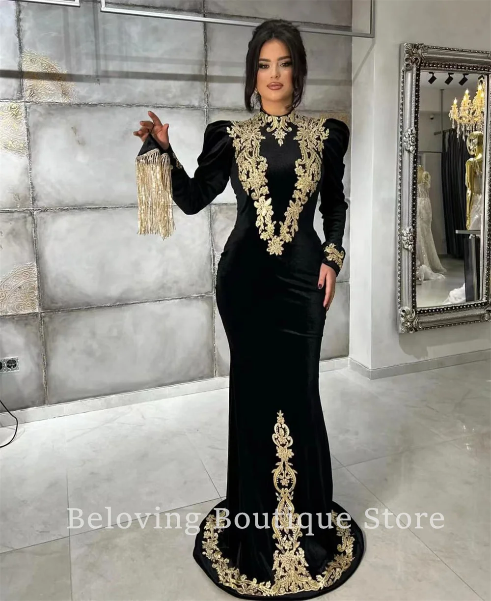 Moroccan Kaftans Appliques Mermaid Evening Dresses 2024 Robes Arabic Long Sleeves Prom Dress Muslim Beaded Wedding Party Gowns