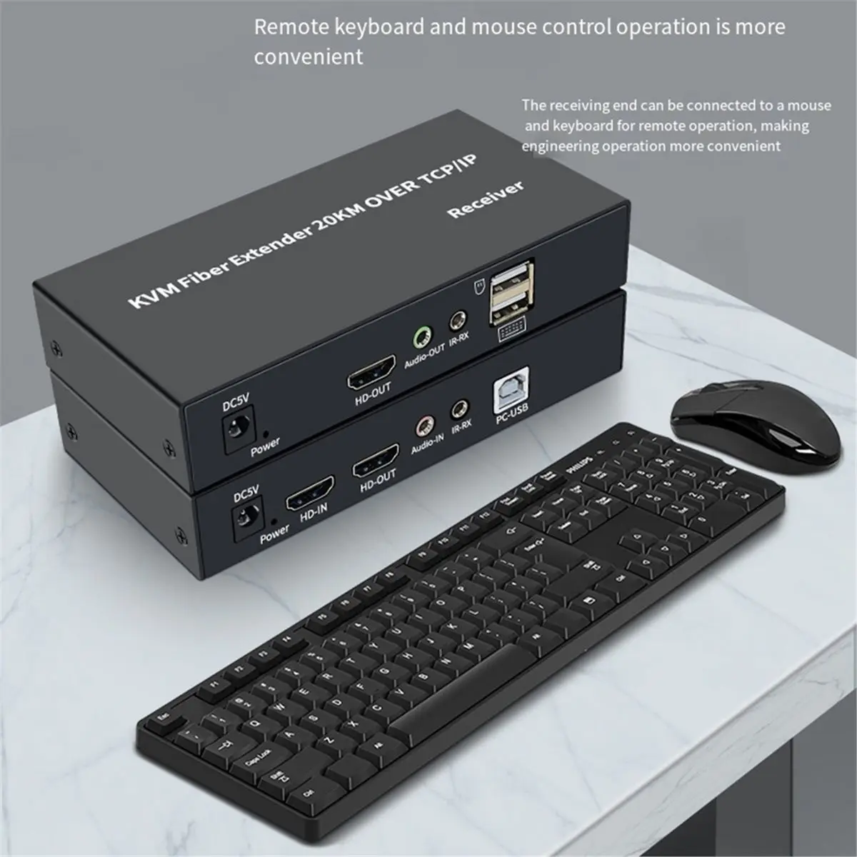 20Km -Compatible Fiber Optic USB KVM Extender Video Transmitter Receiver over SC Fiber Cable Extender US Plug