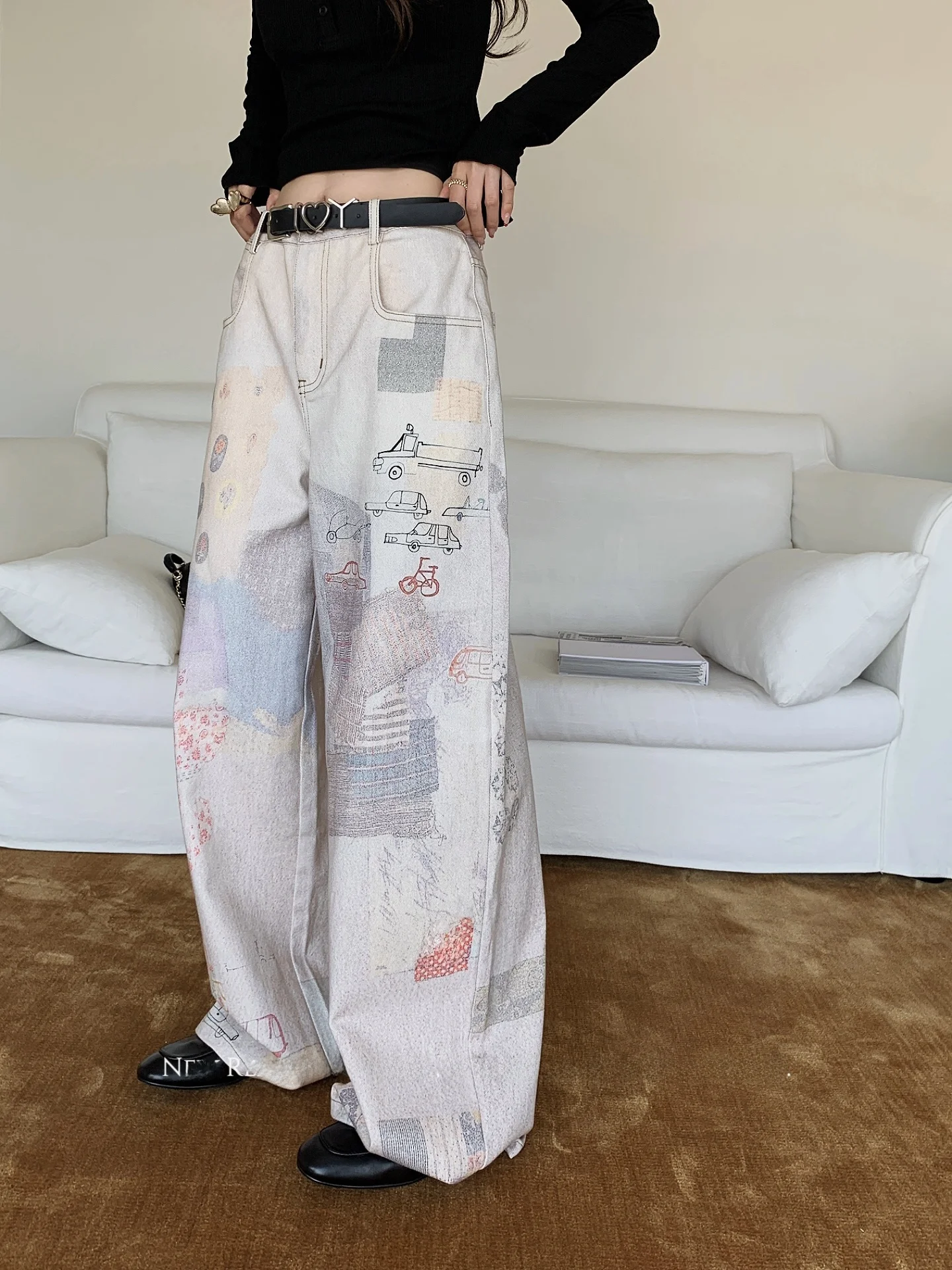 

NRTW 's Hand-Painted fiti Dyed Wide-Leg Jeans Loose Faionable Spring Summer New Arrival Ladies' Denim Pants