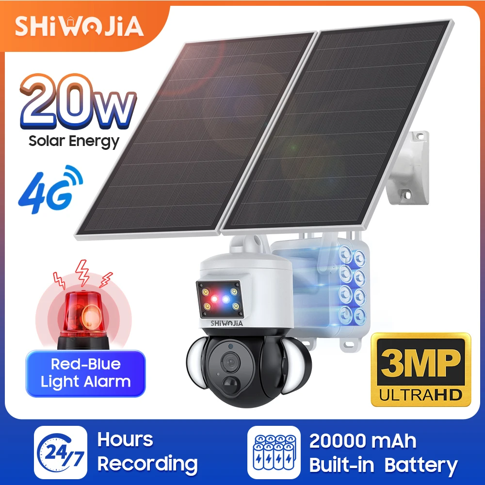 SHIWOJIA 3MP Solar Powered Camera 4G Sim 20W Solar Panel Security Camera Anti-theft Siren Alarm PIR Motion with 20000mAh Battery