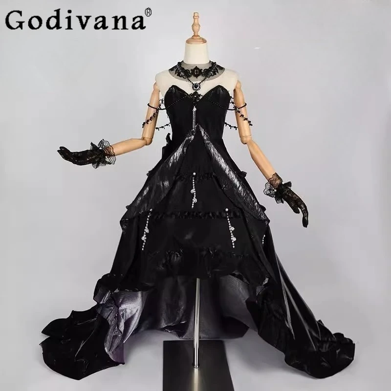 فستان تنكري للعبة القوطية للنساء للهالوين باللون الأسود للحفلات التنكرية مجموعة فستان أداء لعب الأدوار النسائية
