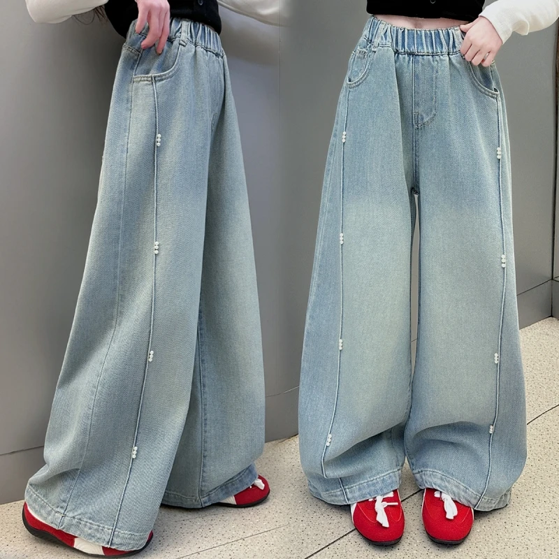 Mädchen-Jeans aus Denim, Perlen-Patchwork-Hosen mit weitem Bein, lockere lange Denim-Hosen für Mädchen, Schulanfangsaison, Kinderhosen