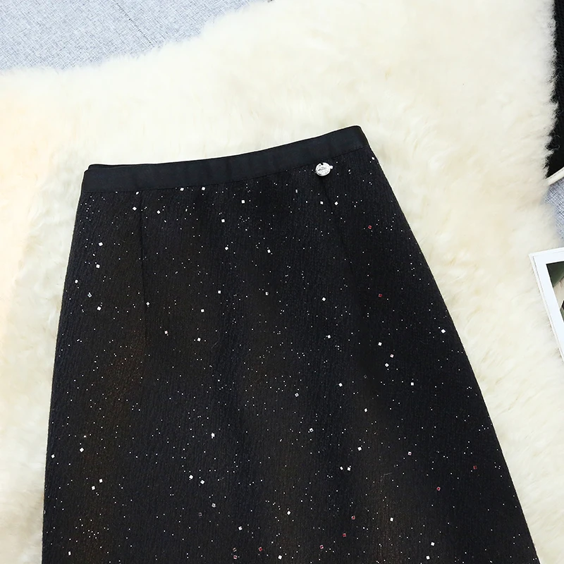Elegant Glitter Woolen Midi Skirt Women Autumn Winter Chic High Waist Bodycon Pencil Skirt with Slit Sparkly Sequin Party Outfit