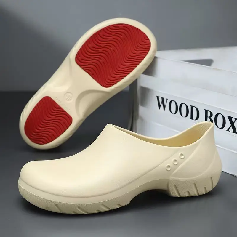 

Men New Waterproof Oil Resistant Chef Shoes Unisex Low Top Round Toe Slip On Thick Sole Non Slip Rain Shoes Kitchen Work Shoes
