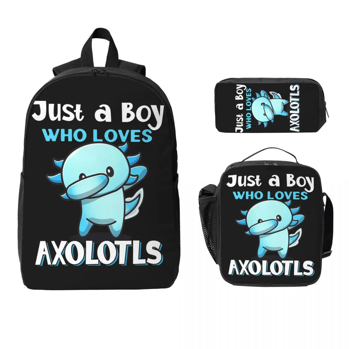 

Just A Boy Who Loves Axolotls Backpack Boys Girls BookBag School Bag Computer Shoulder Bags 3ps Insulated Lunch Bag Pencil Case
